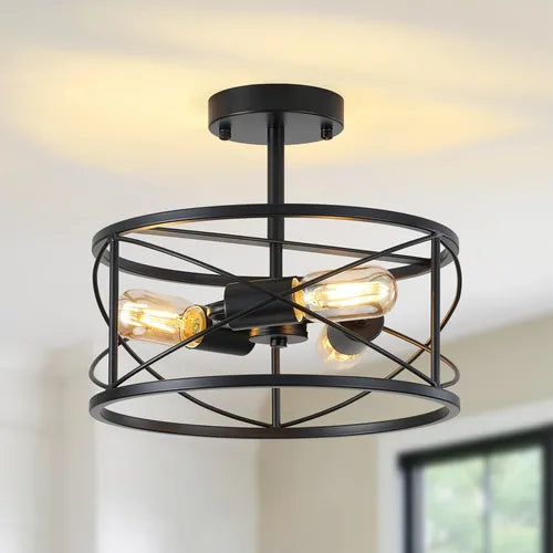 PUSU Lámparas industriales semi empotradas montaje lámpara de techo vintage metal luz negro lámpara ETL lista para cocina sala comedor dormitorio granja almacén